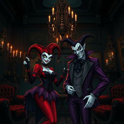 Alerquina and Coringa in a dark mansion room, featuring gothic architecture, ornate candle holders casting flickering shadows, an elaborate chandelier hanging from the ceiling, vintage furniture with rich fabrics, and dark walls adorned with eerie artwork