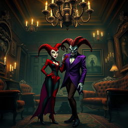 Alerquina and Coringa in a dark mansion room, featuring gothic architecture, ornate candle holders casting flickering shadows, an elaborate chandelier hanging from the ceiling, vintage furniture with rich fabrics, and dark walls adorned with eerie artwork