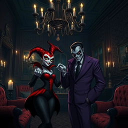 Alerquina and Coringa in a dark mansion room, featuring gothic architecture, ornate candle holders casting flickering shadows, an elaborate chandelier hanging from the ceiling, vintage furniture with rich fabrics, and dark walls adorned with eerie artwork