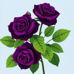 A captivating pixel art style image featuring very deep purple roses with large, lush green leaves