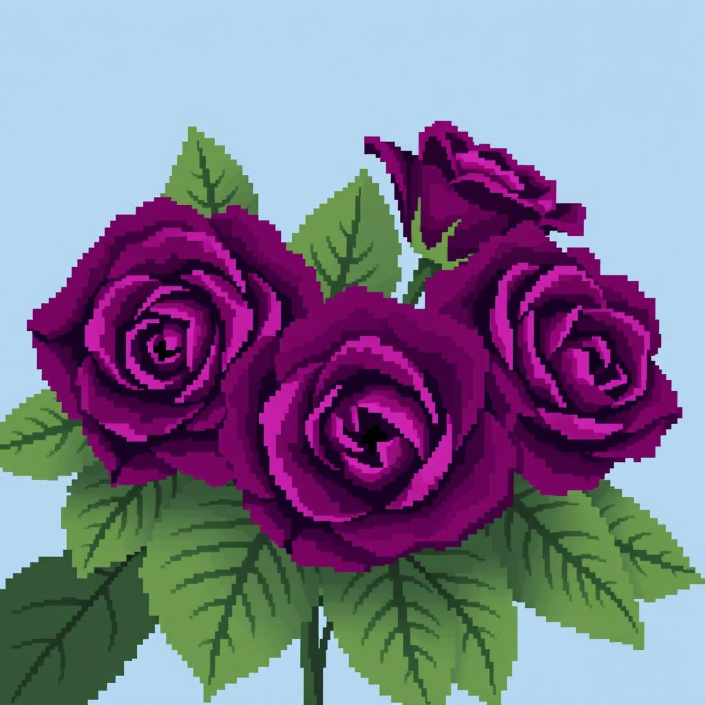 A captivating pixel art style image featuring very deep purple roses with large, lush green leaves