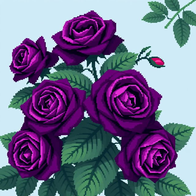 A captivating pixel art style image featuring very deep purple roses with large, lush green leaves