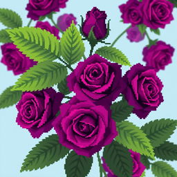 A captivating pixel art style image featuring very deep purple roses with large, lush green leaves