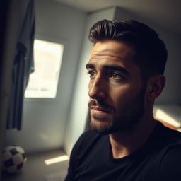 A contemplative and introspective selfie of a famous male soccer player, reflecting a sense of loneliness