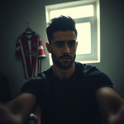 A contemplative and introspective selfie of a famous male soccer player, reflecting a sense of loneliness