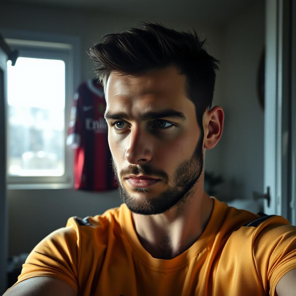 A contemplative and introspective selfie of a famous male soccer player, reflecting a sense of loneliness