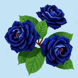 An exquisite pixel art style image featuring Persian indigo roses, characterized by their unique deep blue-purple hue, accompanied by large, vibrant green leaves