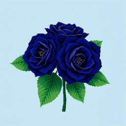 An exquisite pixel art style image featuring Persian indigo roses, characterized by their unique deep blue-purple hue, accompanied by large, vibrant green leaves