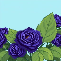 An exquisite pixel art style image featuring Persian indigo roses, characterized by their unique deep blue-purple hue, accompanied by large, vibrant green leaves