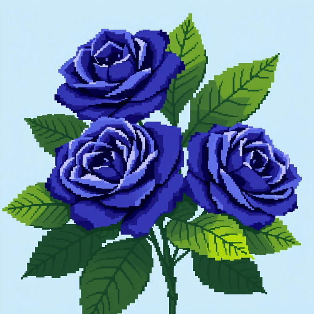 An exquisite pixel art style image featuring Persian indigo roses, characterized by their unique deep blue-purple hue, accompanied by large, vibrant green leaves