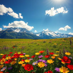 A vibrant and colorful landscape featuring a lush, green meadow under a clear blue sky adorned with fluffy white clouds