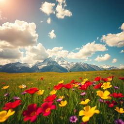 A vibrant and colorful landscape featuring a lush, green meadow under a clear blue sky adorned with fluffy white clouds