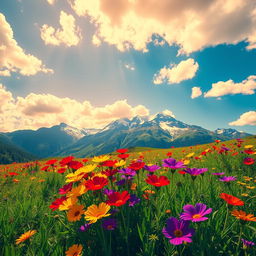 A vibrant and colorful landscape featuring a lush, green meadow under a clear blue sky adorned with fluffy white clouds