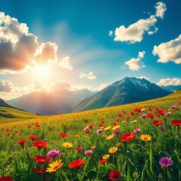 A vibrant and colorful landscape featuring a lush, green meadow under a clear blue sky adorned with fluffy white clouds