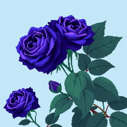 A stunning pixel art style image showcasing Persian indigo roses, distinguished by their rich blue-purple tones, paired with large, deep green leaves that add a lush texture