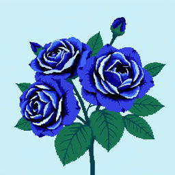 A stunning pixel art style image showcasing Persian indigo roses, distinguished by their rich blue-purple tones, paired with large, deep green leaves that add a lush texture