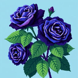A stunning pixel art style image showcasing Persian indigo roses, distinguished by their rich blue-purple tones, paired with large, deep green leaves that add a lush texture