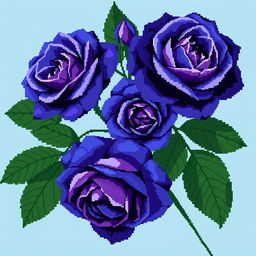 A stunning pixel art style image showcasing Persian indigo roses, distinguished by their rich blue-purple tones, paired with large, deep green leaves that add a lush texture