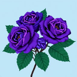 A beautiful pixel art style image showcasing Persian indigo roses, known for their rich blue-purple colors, accompanied by large, deep green leaves that add a vibrant touch
