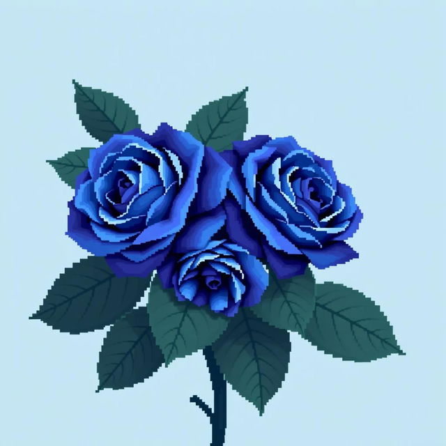 A beautiful pixel art style image showcasing Persian indigo roses, known for their rich blue-purple colors, accompanied by large, deep green leaves that add a vibrant touch