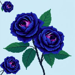 A beautiful pixel art style image showcasing Persian indigo roses, known for their rich blue-purple colors, accompanied by large, deep green leaves that add a vibrant touch