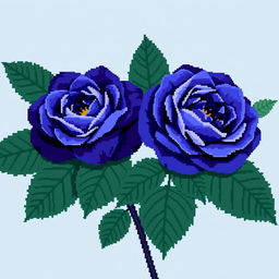 A beautiful pixel art style image showcasing Persian indigo roses, known for their rich blue-purple colors, accompanied by large, deep green leaves that add a vibrant touch