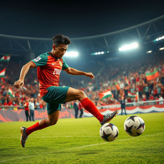 A dynamic action shot of a Bangladeshi football player in an intense match, wearing a vibrant red and green national team jersey, showcasing a powerful kick towards the ball at a bustling stadium filled with enthusiastic fans