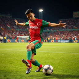 A dynamic action shot of a Bangladeshi football player in an intense match, wearing a vibrant red and green national team jersey, showcasing a powerful kick towards the ball at a bustling stadium filled with enthusiastic fans