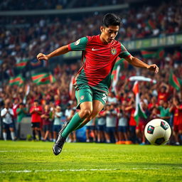 A dynamic action shot of a Bangladeshi football player in an intense match, wearing a vibrant red and green national team jersey, showcasing a powerful kick towards the ball at a bustling stadium filled with enthusiastic fans