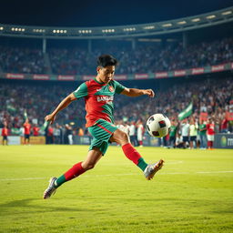 A dynamic action shot of a Bangladeshi football player in an intense match, wearing a vibrant red and green national team jersey, showcasing a powerful kick towards the ball at a bustling stadium filled with enthusiastic fans