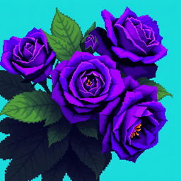 A vibrant pixel art image depicting Persian indigo roses, celebrated for their rich blue-purple color, combined with large, deep green leaves that enhance the visual appeal