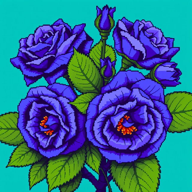 A vibrant pixel art image depicting Persian indigo roses, celebrated for their rich blue-purple color, combined with large, deep green leaves that enhance the visual appeal