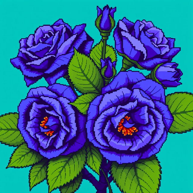 A vibrant pixel art image depicting Persian indigo roses, celebrated for their rich blue-purple color, combined with large, deep green leaves that enhance the visual appeal