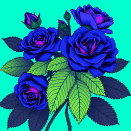 A vibrant pixel art image depicting Persian indigo roses, celebrated for their rich blue-purple color, combined with large, deep green leaves that enhance the visual appeal