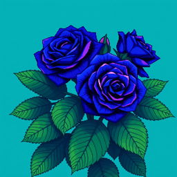 A vibrant pixel art image depicting Persian indigo roses, celebrated for their rich blue-purple color, combined with large, deep green leaves that enhance the visual appeal