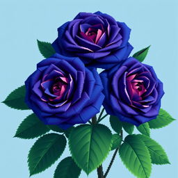 A captivating pixel art style image featuring huge Persian indigo roses, characterized by their deep blue-purple hues and impressive size