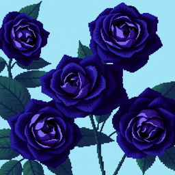 A captivating pixel art style image featuring huge Persian indigo roses, characterized by their deep blue-purple hues and impressive size