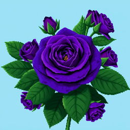 A charming pixel art image featuring one large Persian indigo rose, characterized by its rich blue-purple hue, surrounded by several smaller roses in the same vibrant color