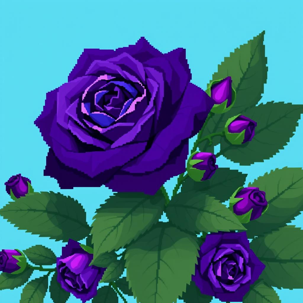 A charming pixel art image featuring one large Persian indigo rose, characterized by its rich blue-purple hue, surrounded by several smaller roses in the same vibrant color