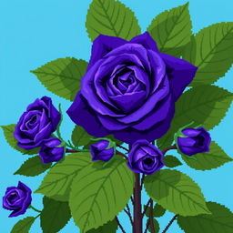 A charming pixel art image featuring one large Persian indigo rose, characterized by its rich blue-purple hue, surrounded by several smaller roses in the same vibrant color