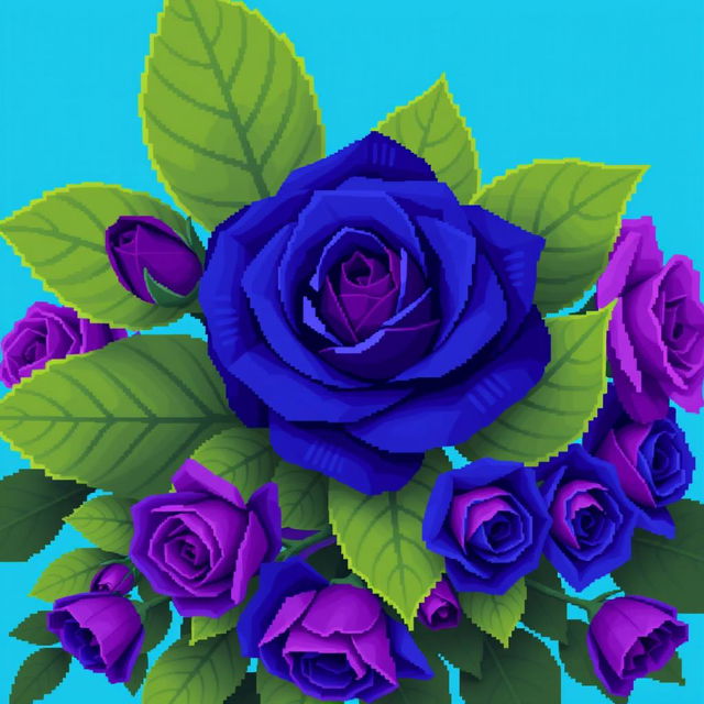 A charming pixel art image featuring one large Persian indigo rose, characterized by its rich blue-purple hue, surrounded by several smaller roses in the same vibrant color