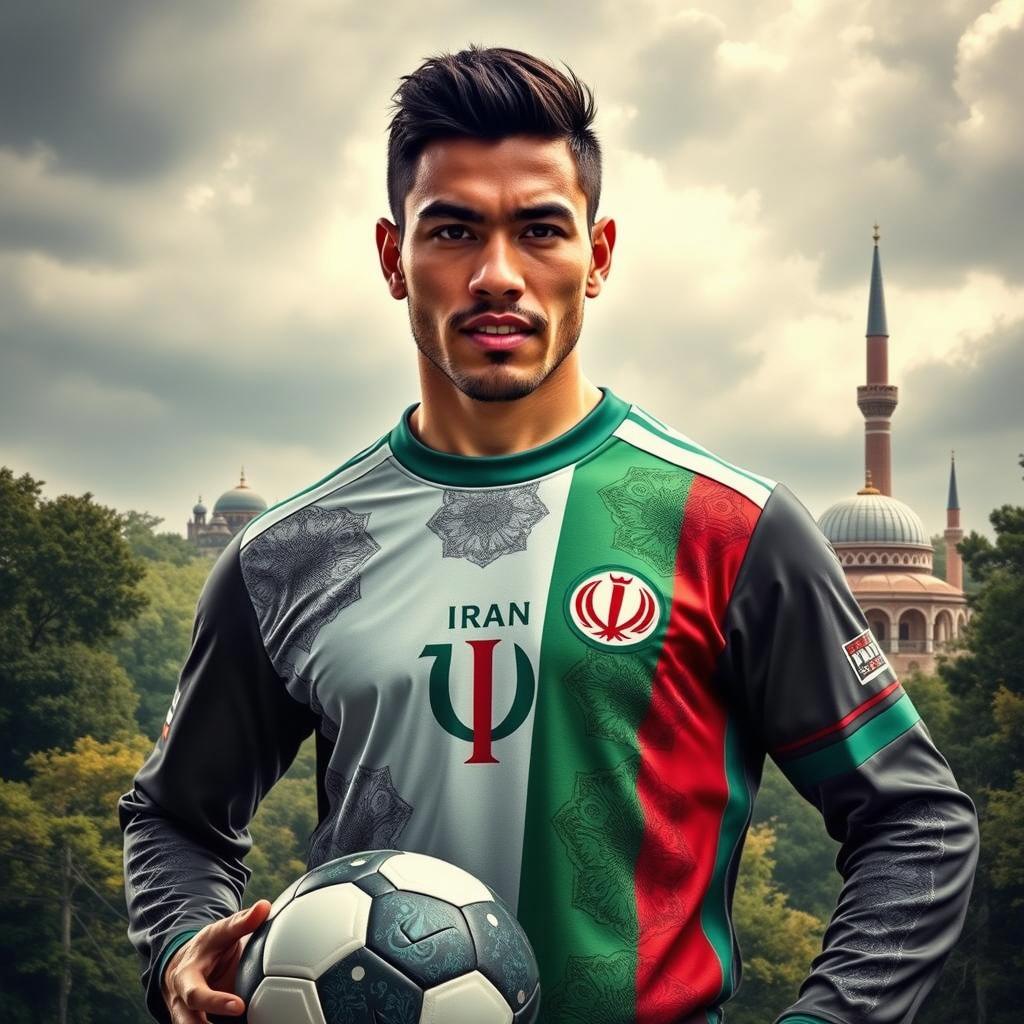 A confident male soccer player in an artistic football jersey inspired by the colors and symbols of Bangladesh