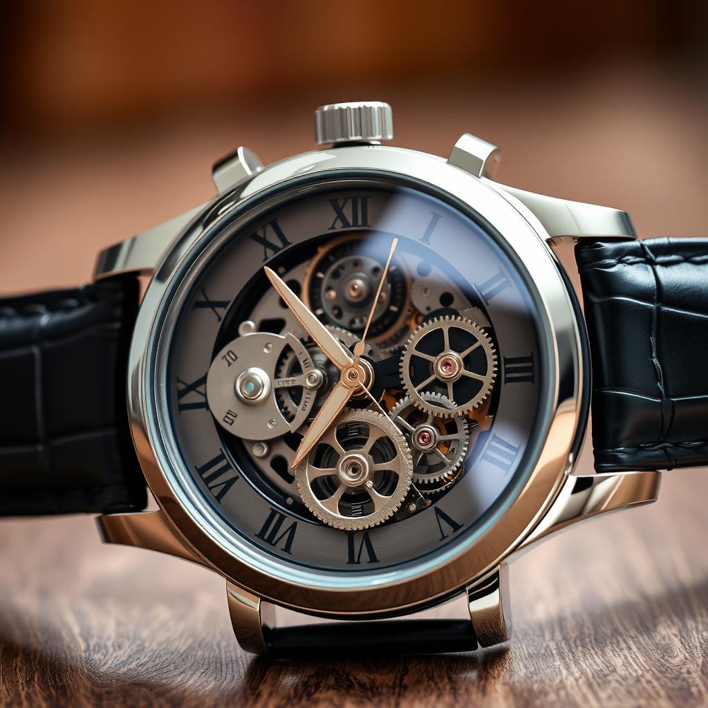 A highly detailed close-up of a luxury watch with intricate gears and mechanisms visible, set against a soft-focus background