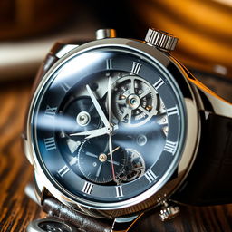 A highly detailed close-up of a luxury watch with intricate gears and mechanisms visible, set against a soft-focus background