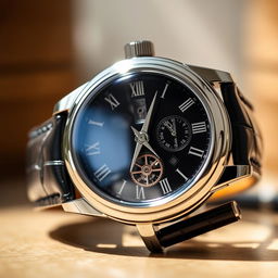 A highly detailed close-up of a luxury watch with intricate gears and mechanisms visible, set against a soft-focus background