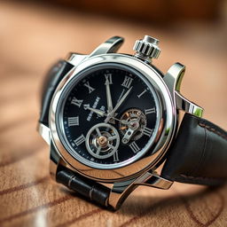 A highly detailed close-up of a luxury watch with intricate gears and mechanisms visible, set against a soft-focus background