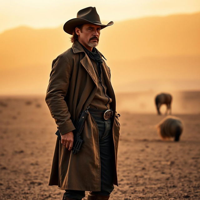 A rugged cowboy inspired by Brad Pitt, wearing a classic cowboy hat, leather boots, and a weathered duster coat, standing in a barren desert landscape