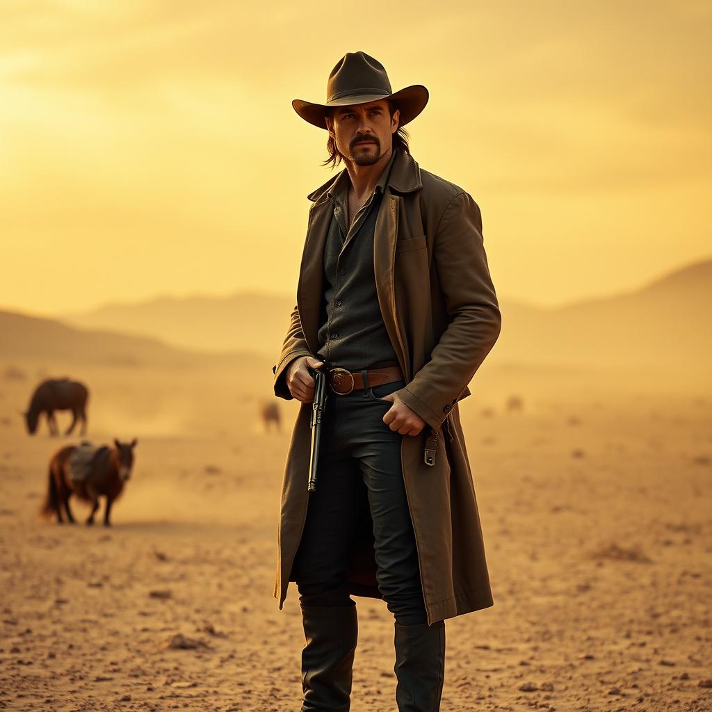 A rugged cowboy inspired by Brad Pitt, wearing a classic cowboy hat, leather boots, and a weathered duster coat, standing in a barren desert landscape