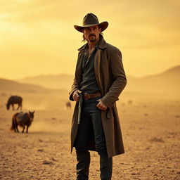 A rugged cowboy inspired by Brad Pitt, wearing a classic cowboy hat, leather boots, and a weathered duster coat, standing in a barren desert landscape