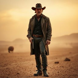A rugged cowboy inspired by Brad Pitt, wearing a classic cowboy hat, leather boots, and a weathered duster coat, standing in a barren desert landscape